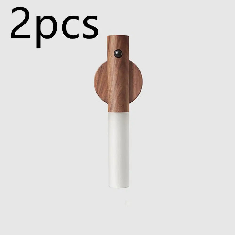 Minimalist wooden and white cylindrical wall-mounted magnetic motion sensor led night light with circular wood base