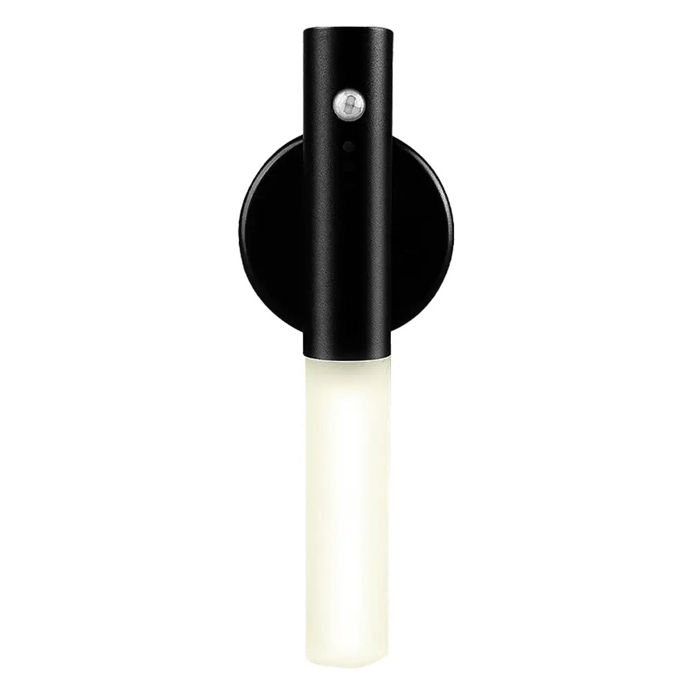 Black cylindrical magnetic wooden motion sensor led night light with frosted glass diffuser and circular mount