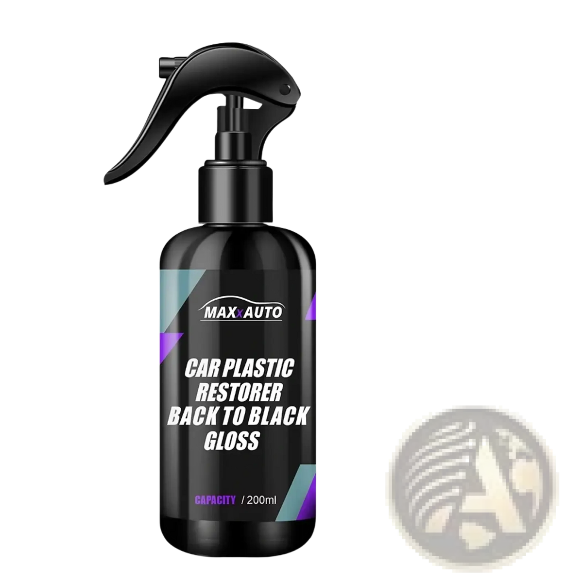 Black spray bottle of max auto car plastic restorer with back to black gloss label 200ml with two yellow sponges