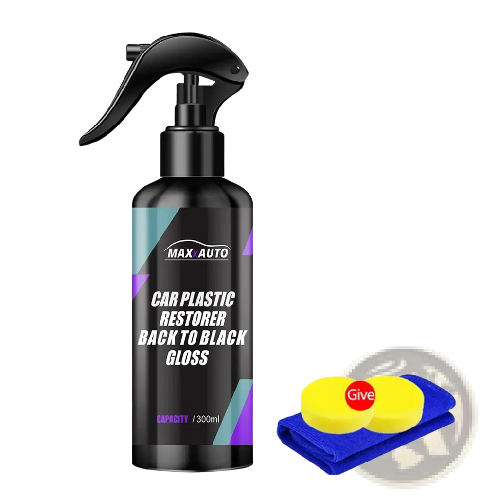 Black auto plastic restorer spray with gloss trim renovator label and 300ml capacity for back to black finish