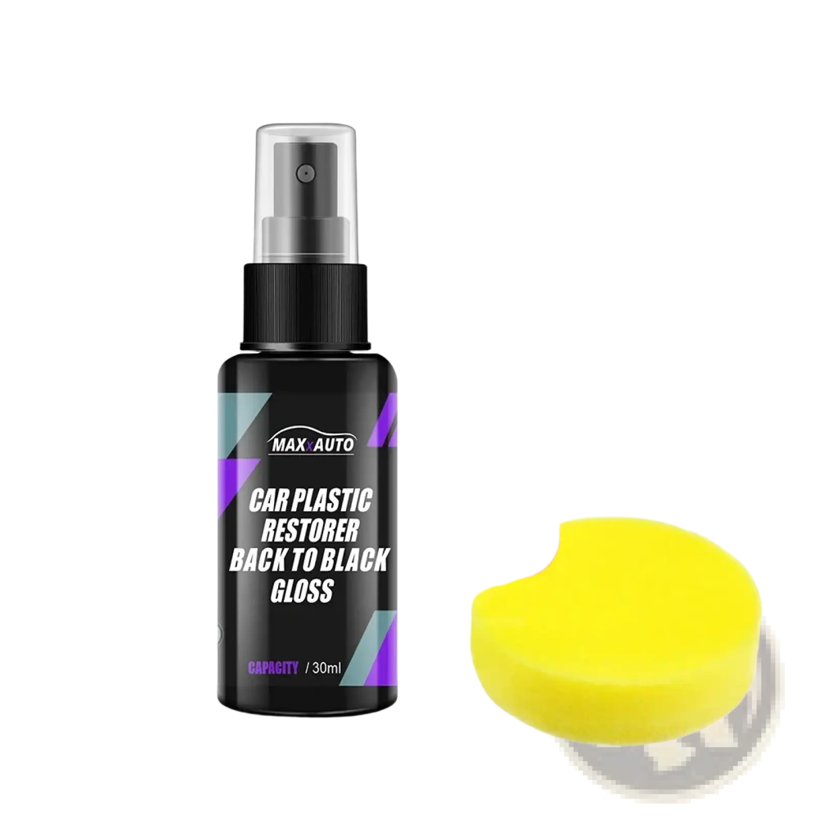 Black auto plastic restorer spray bottle with purple and teal geometric design and yellow sponge for gloss trim renovation
