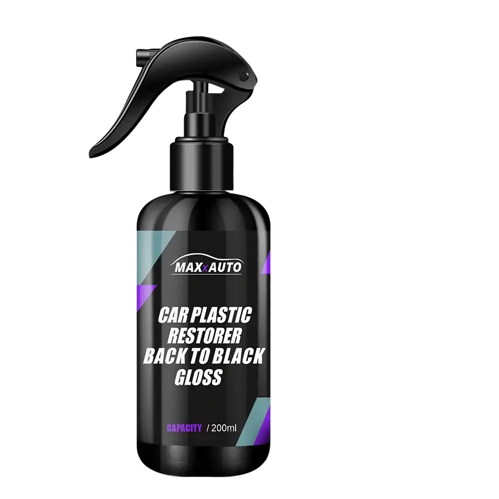 Black spray bottle of max auto car plastic restorer with back to black gloss label 200ml with two yellow sponges