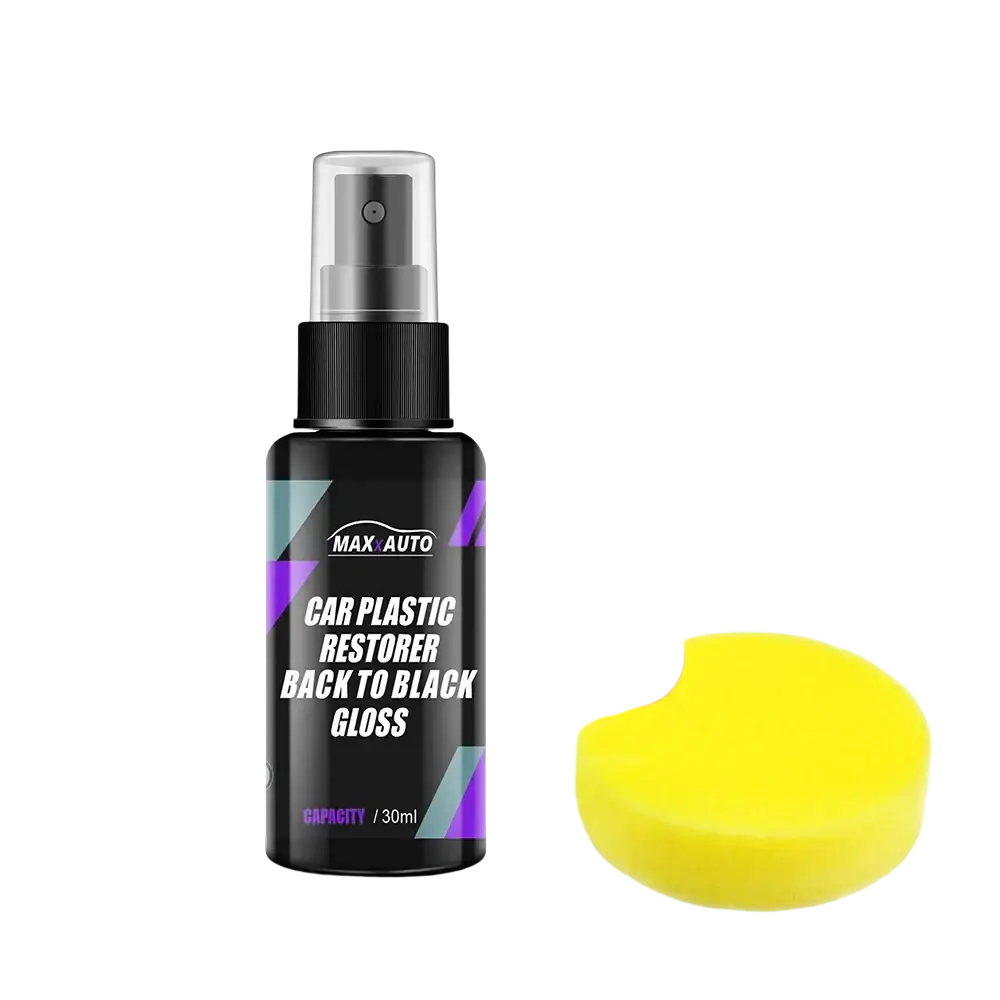 Black auto plastic restorer spray bottle with purple and teal geometric design and yellow sponge for gloss trim renovation