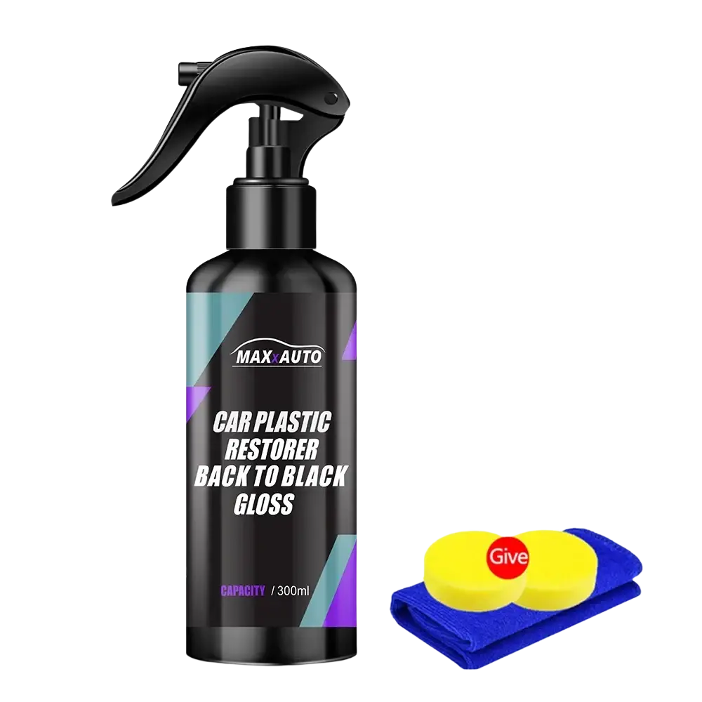 Black auto plastic restorer spray with gloss trim renovator label and 300ml capacity for back to black finish