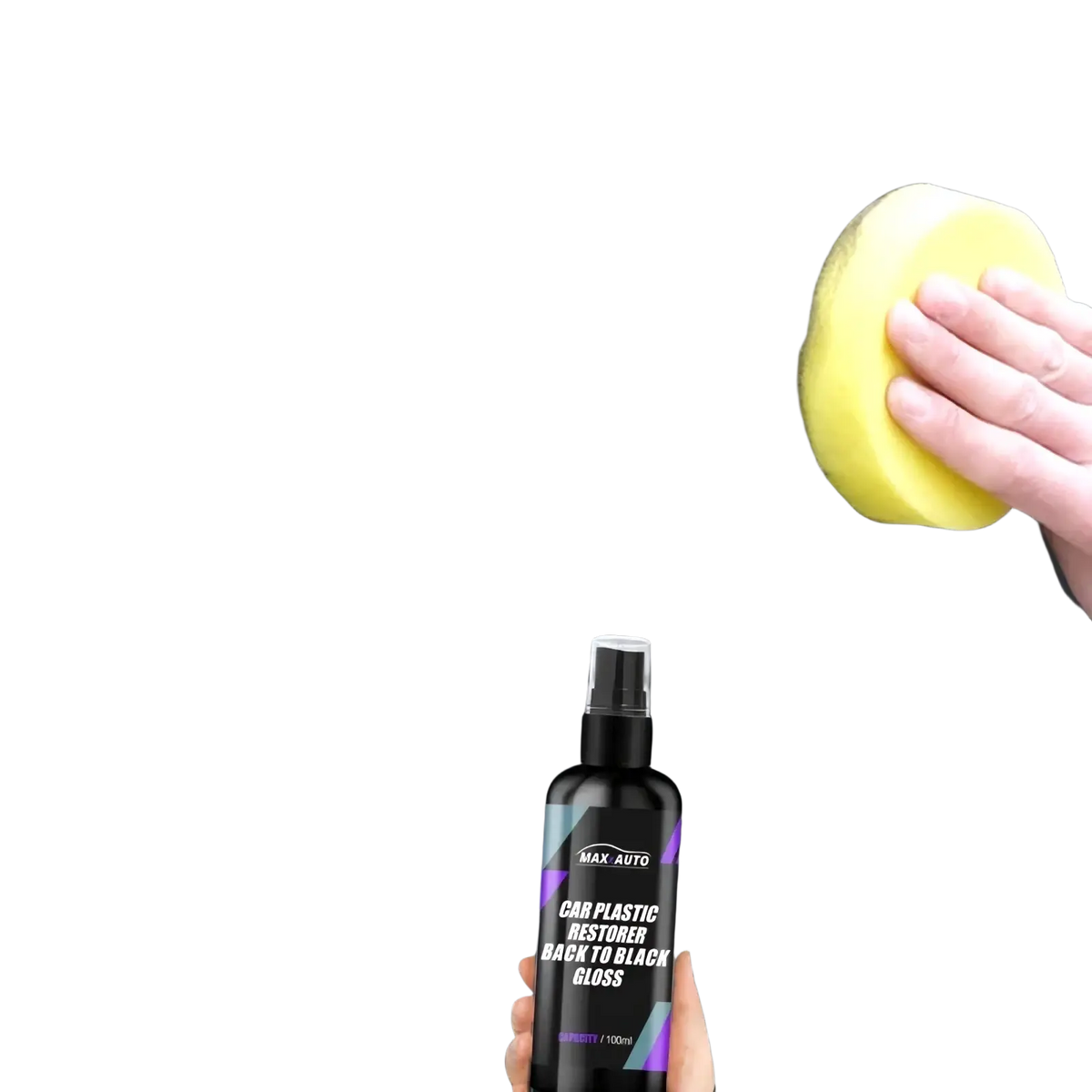 Black spray bottle of max auto car plastic restorer back to black gloss with purple and teal accents for trim renovation
