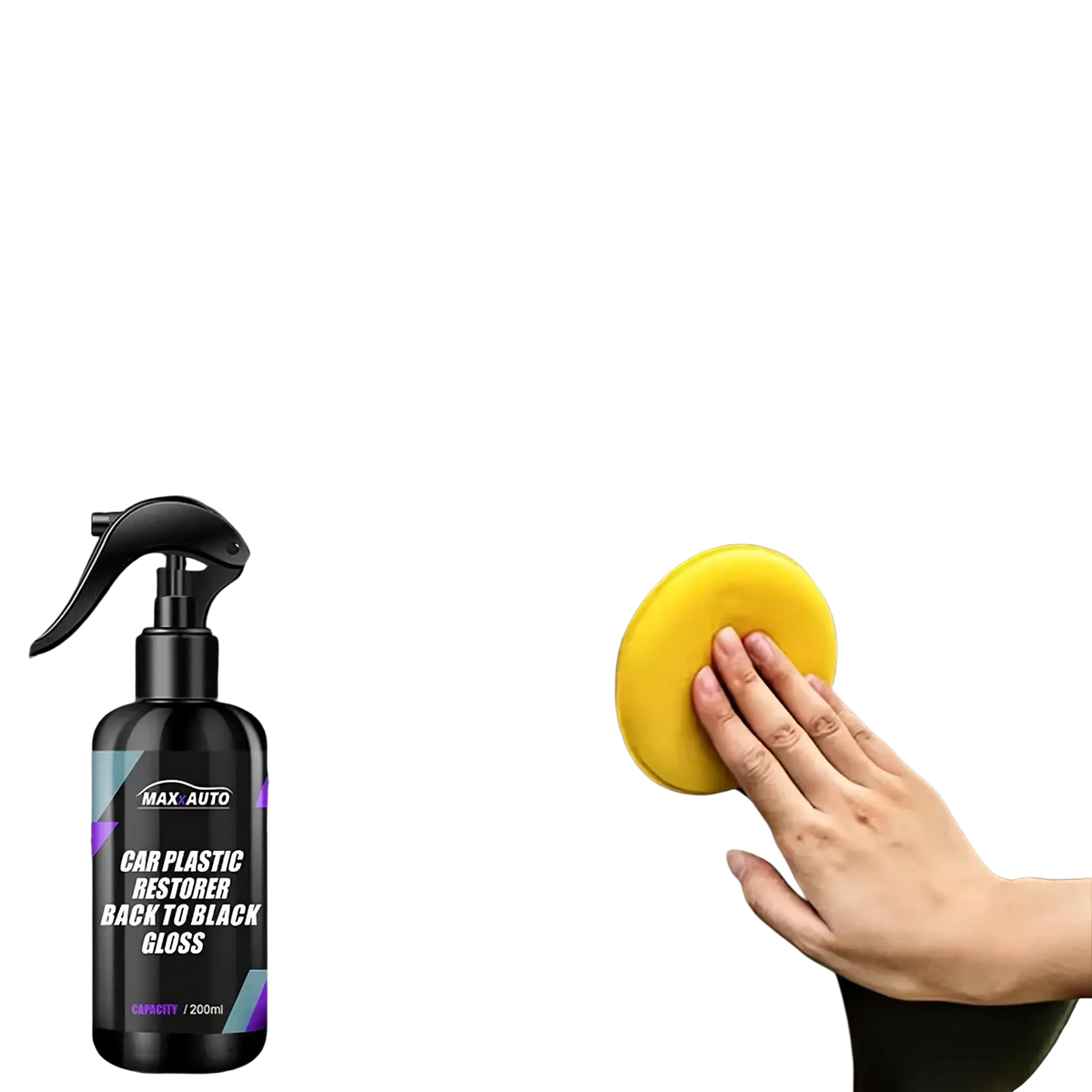 Black spray bottle of max auto car plastic restorer back to black gloss with black nozzle and purple geometric accents