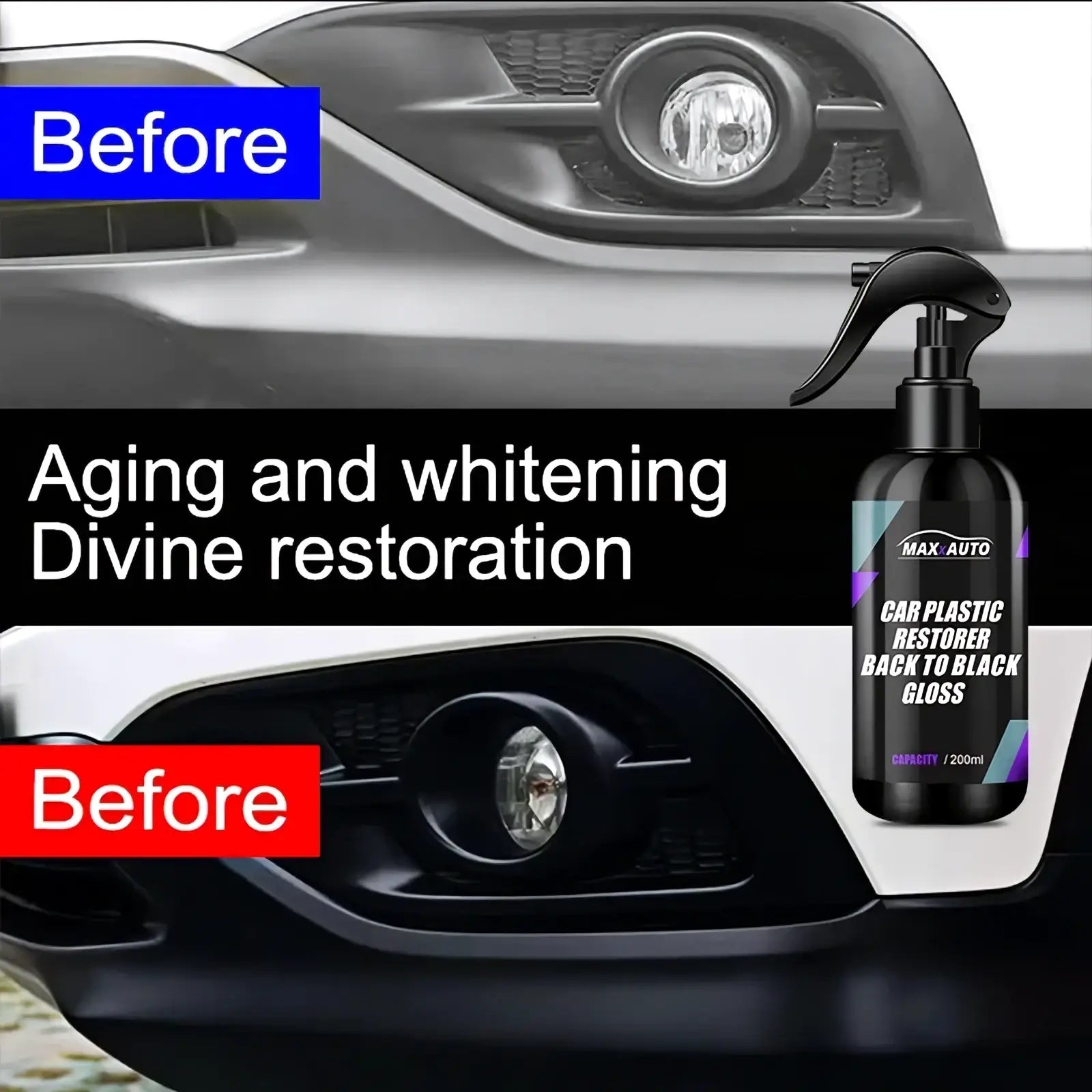 Black max auto car plastic restorer spray bottle with purple and white accents for gloss trim renovation