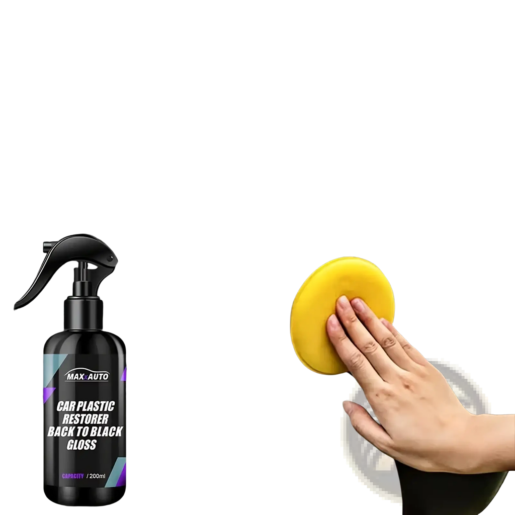 Black spray bottle of max auto car plastic restorer back to black gloss with black nozzle and purple geometric accents