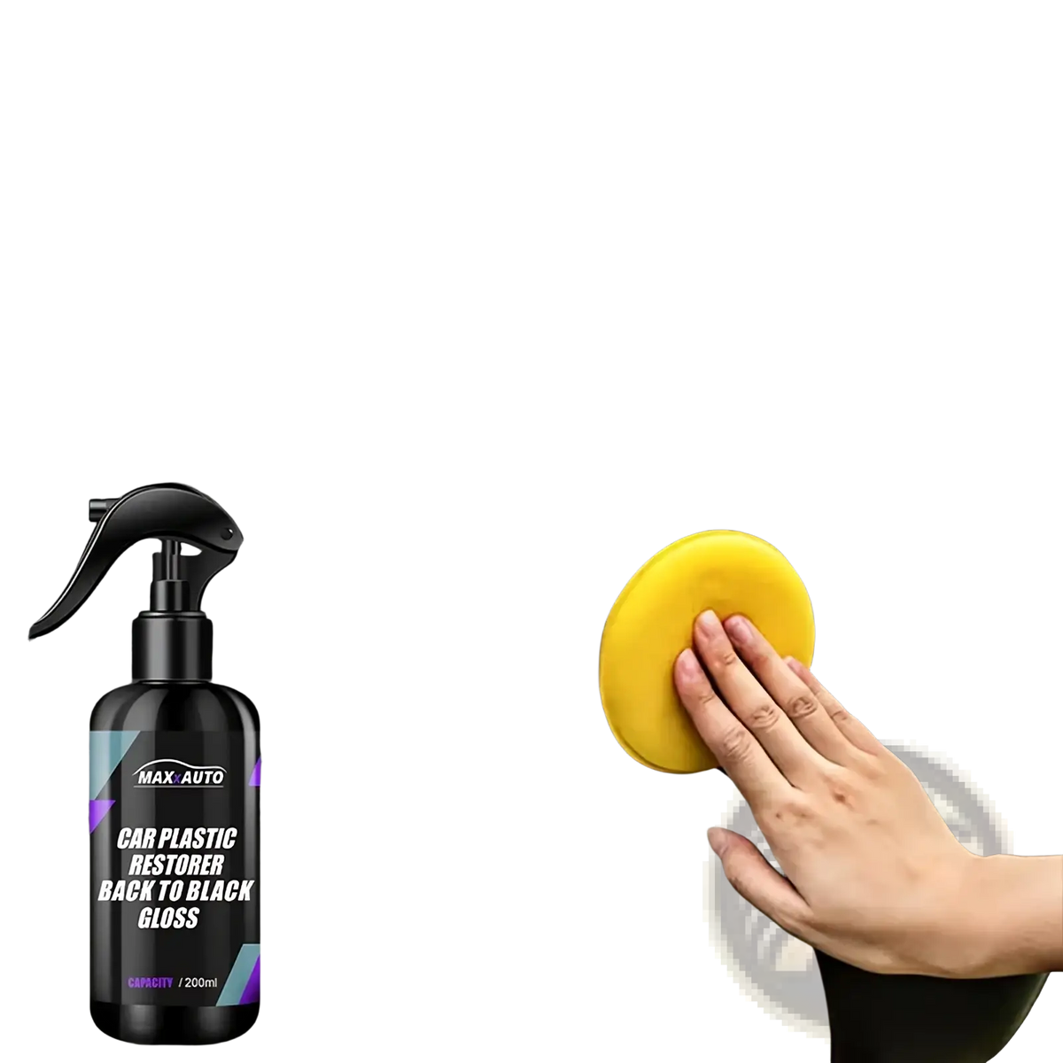 Black spray bottle of max auto car plastic restorer back to black gloss with black nozzle and purple geometric accents