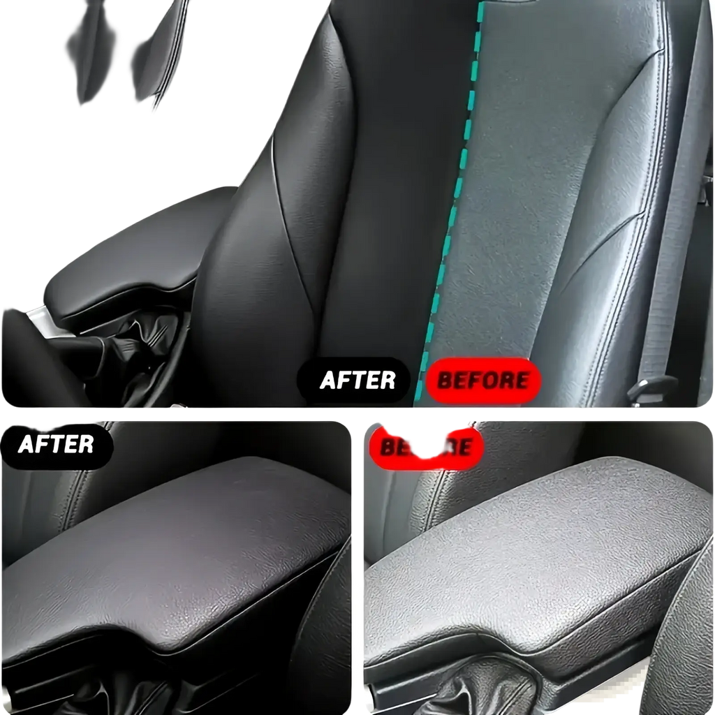 Auto plastic restorer spray gloss renovator displayed on a black leather car seat cover with textured surface and stitching