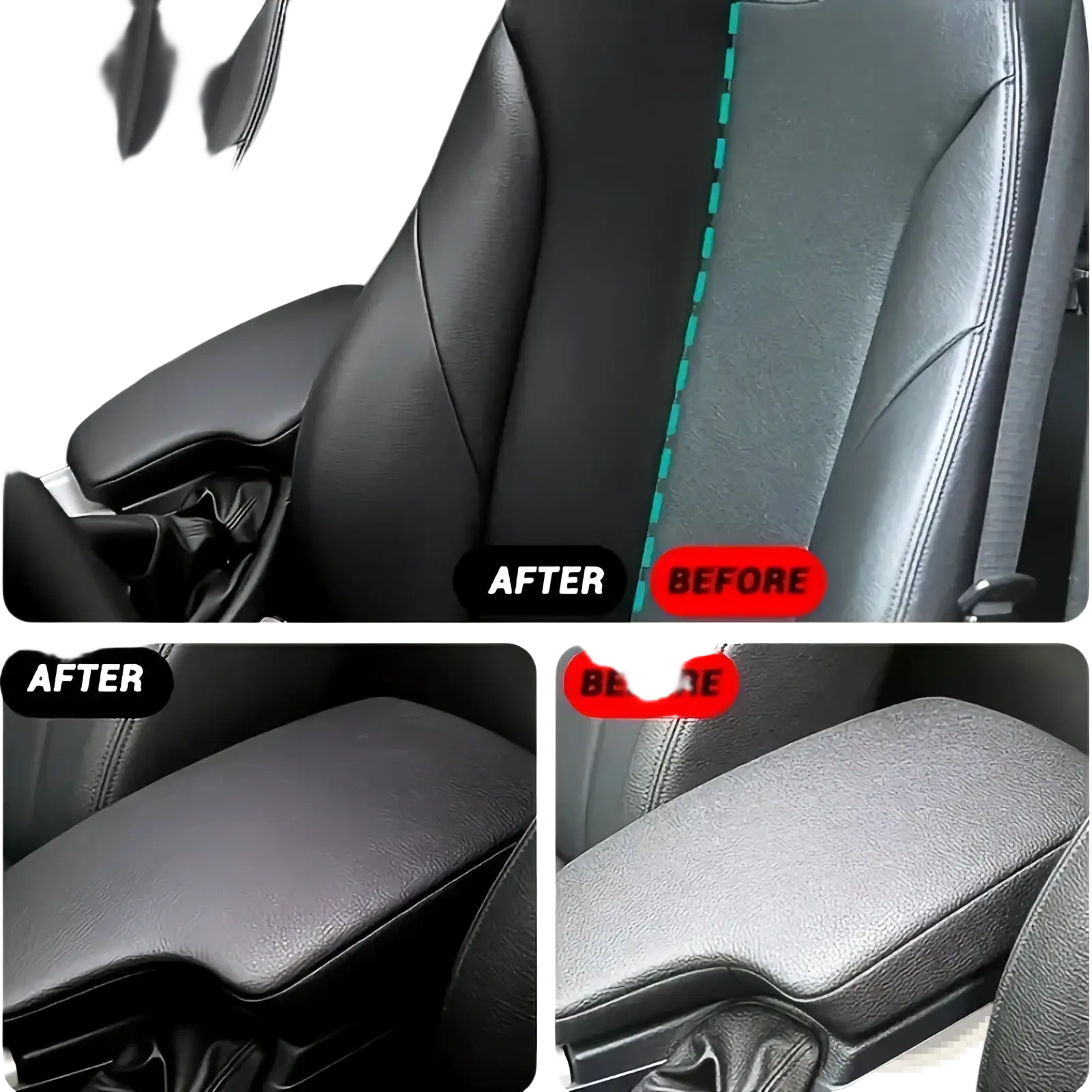 Auto plastic restorer spray gloss renovator displayed on a black leather car seat cover with textured surface and stitching