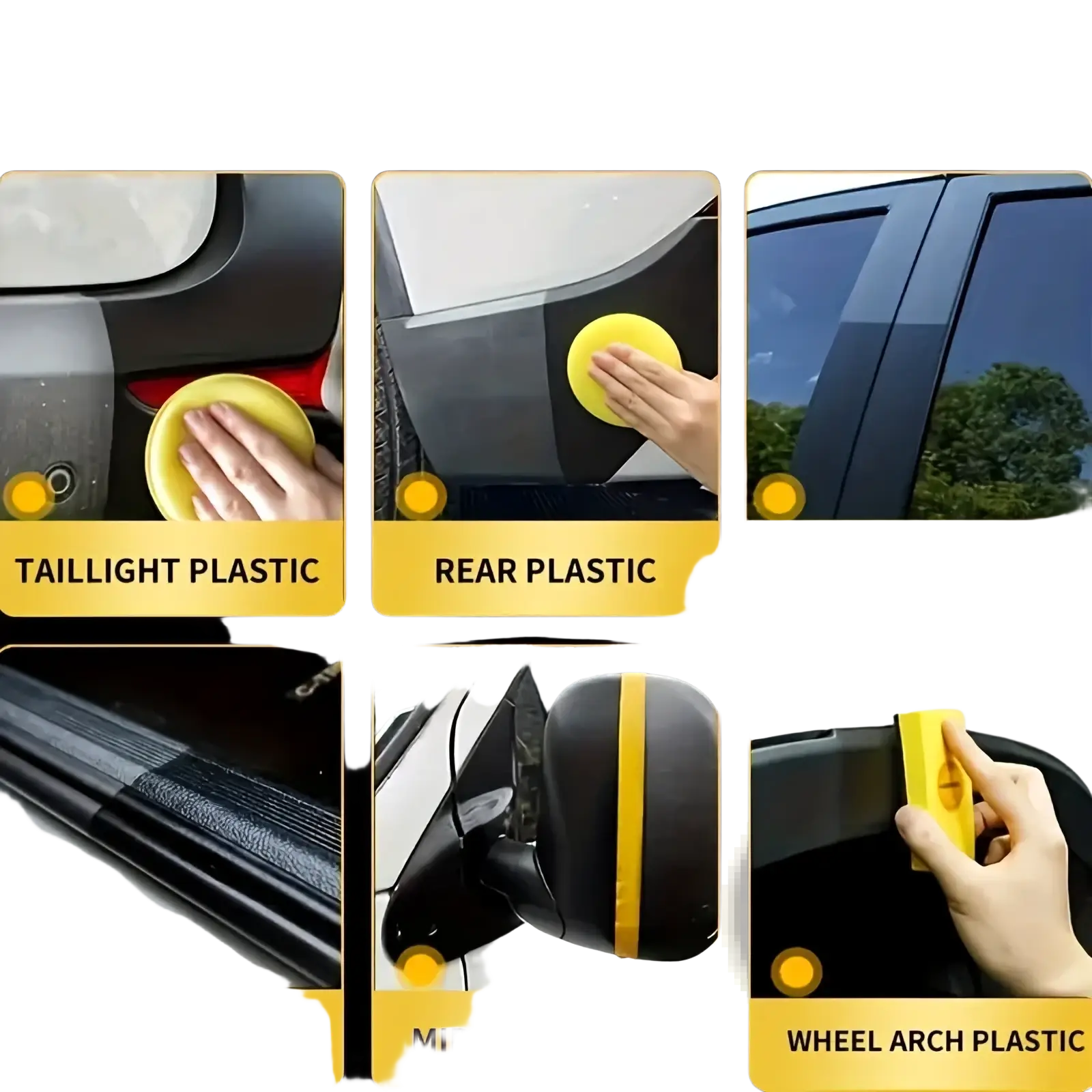 Yellow circular foam polishing pad made of soft material for car plastic detailing with auto plastic restorer spray gloss trim renovator