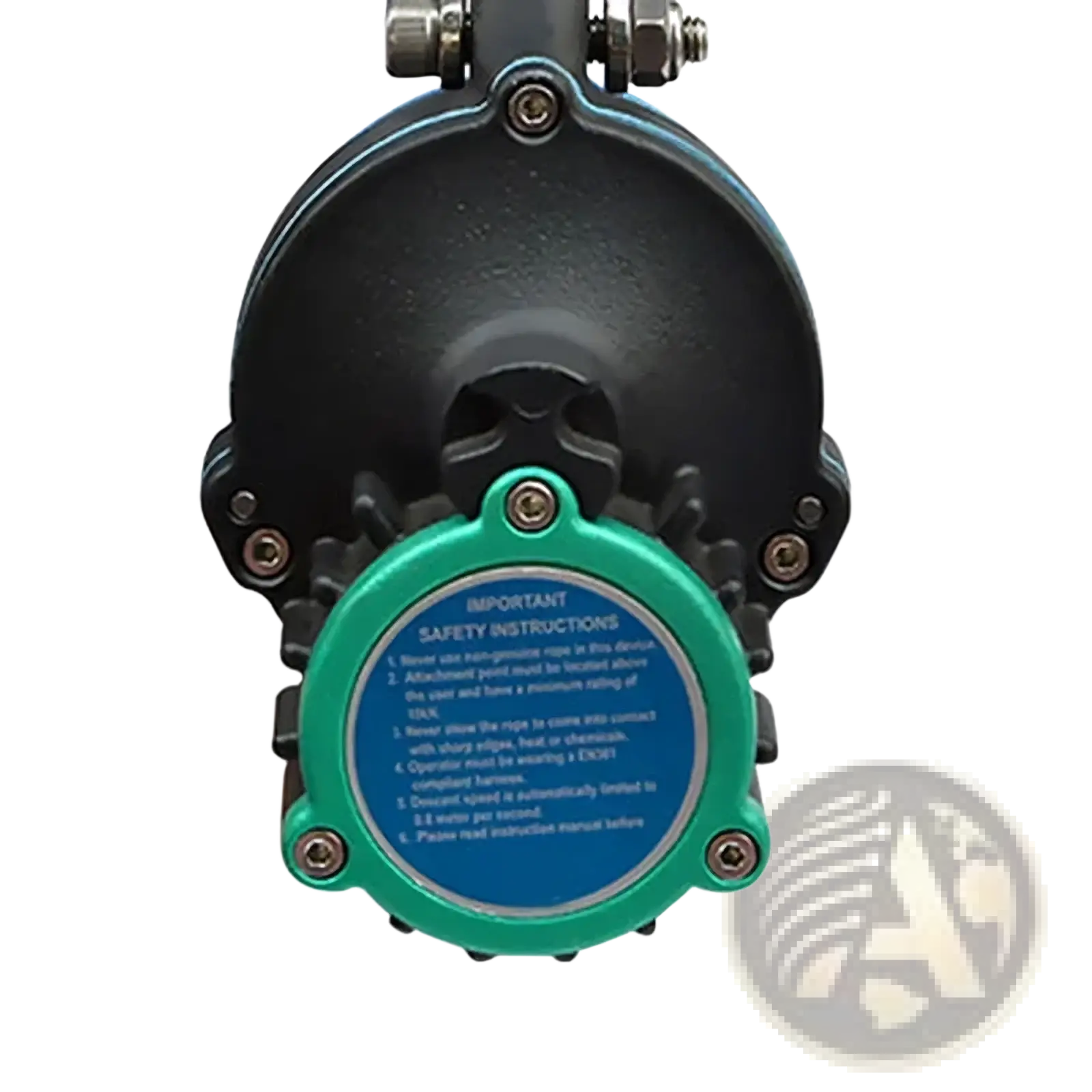 Black industrial auto rope descender emergency escape device with teal circular safety label and blue text visible