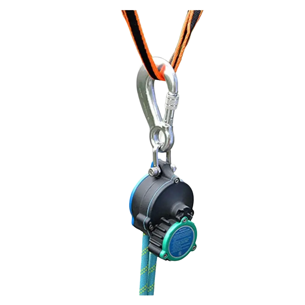 Black and teal self-retracting lifeline auto rope descender emergency escape device with silver carabiner on orange webbing