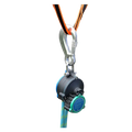Black and teal self-retracting lifeline auto rope descender emergency escape device with silver carabiner on orange webbing