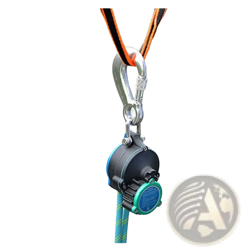 Black and teal self-retracting lifeline auto rope descender emergency escape device with silver carabiner on orange webbing