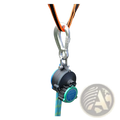 Black and teal self-retracting lifeline auto rope descender emergency escape device with silver carabiner on orange webbing