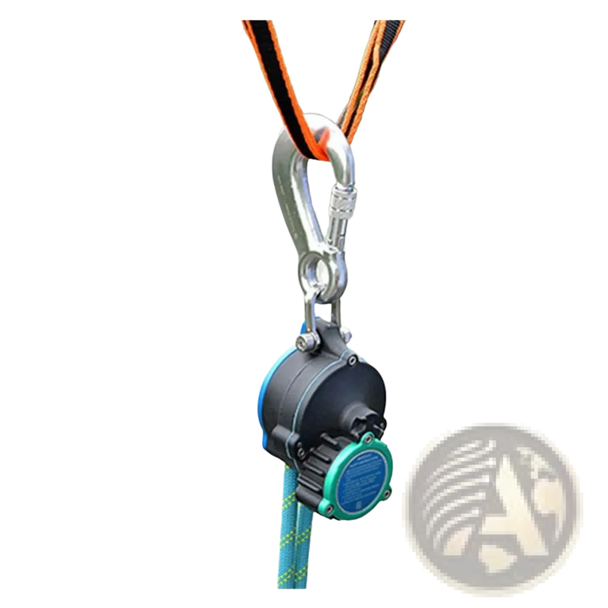 Black and teal self-retracting lifeline auto rope descender emergency escape device with silver carabiner on orange webbing