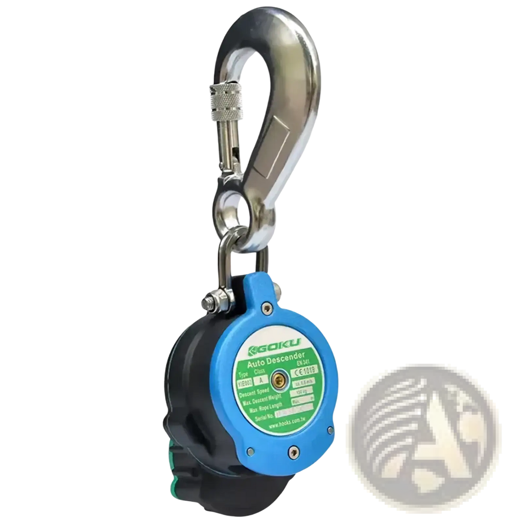 Blue and black goku auto rope descender with metallic hook attachment for emergency escape device use
