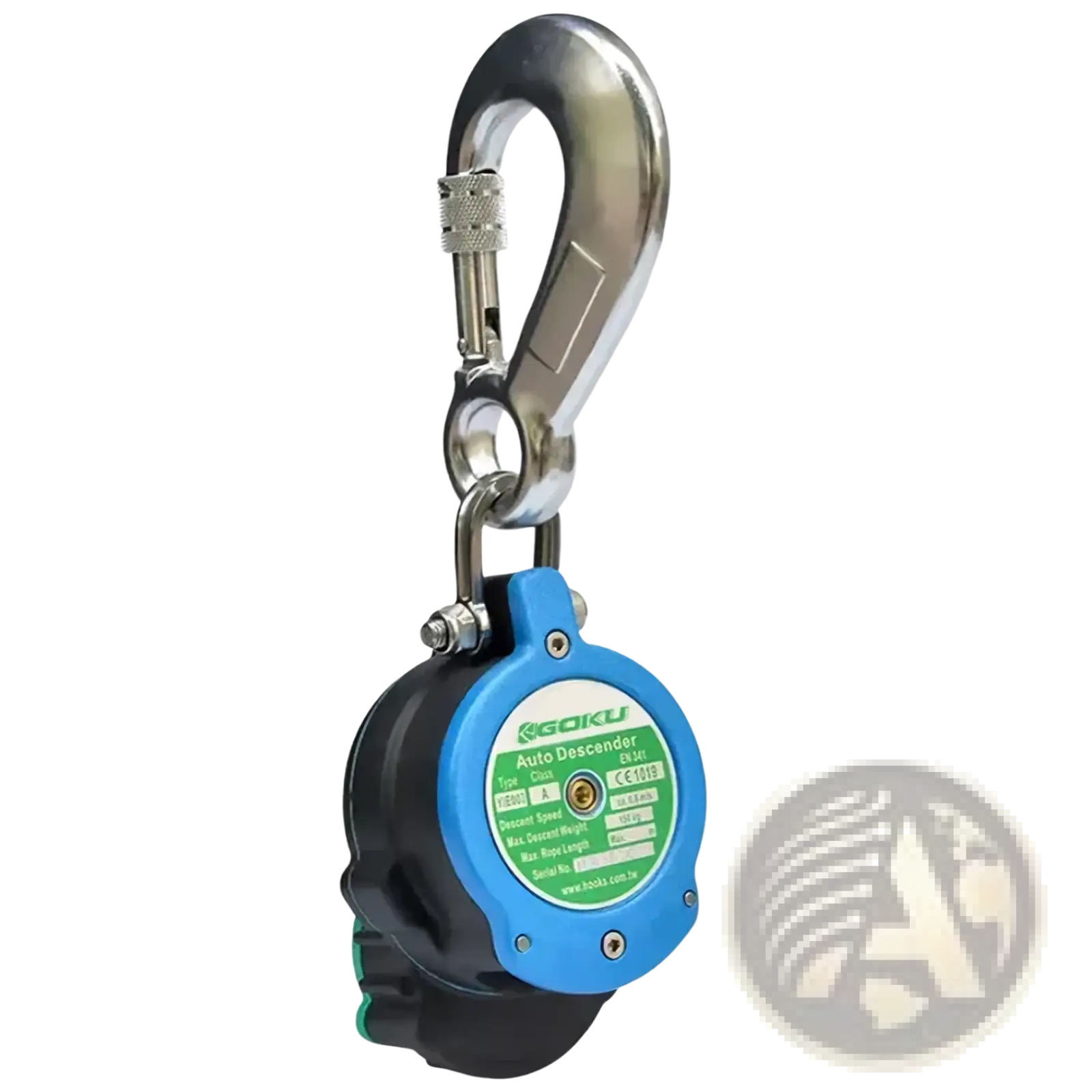 Blue and black goku auto rope descender with metallic hook attachment for emergency escape device use