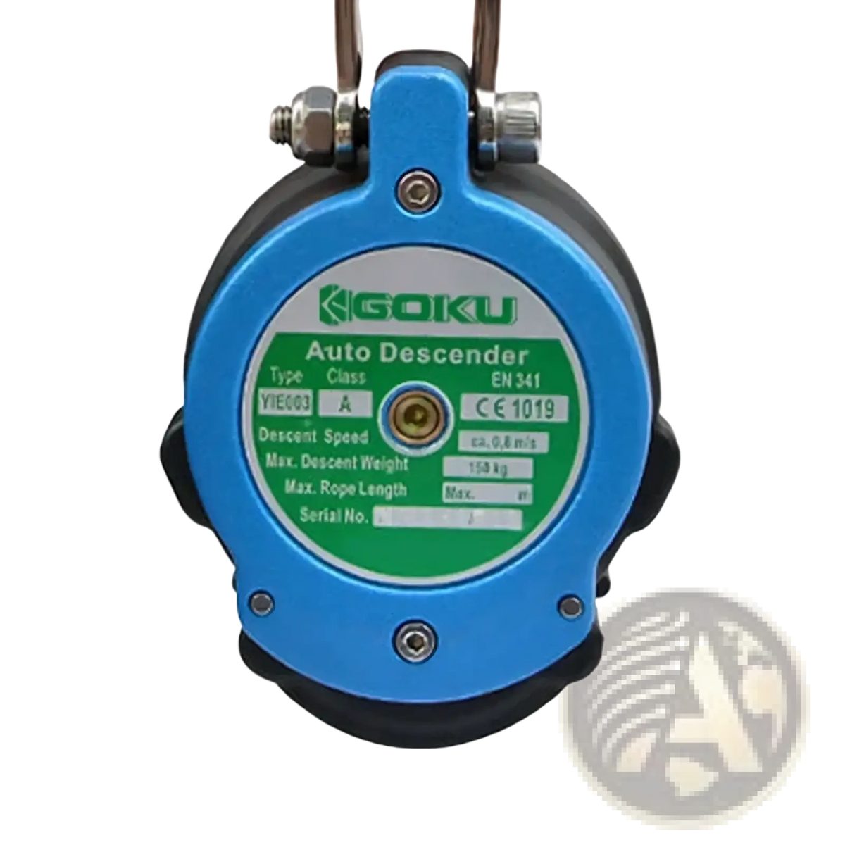 Blue and black goku auto rope descender emergency escape device with green label showing technical specifications