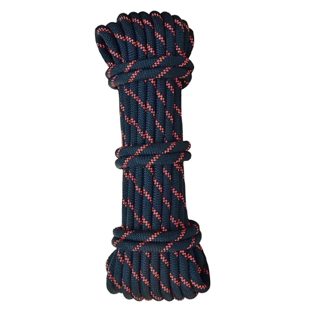 Auto rope descender emergency escape device featuring a coiled dark blue synthetic fiber rope with red stripes