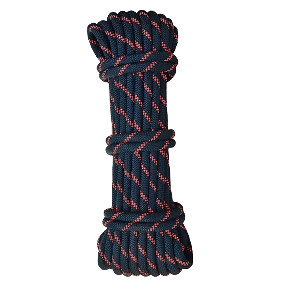 Auto rope descender emergency escape device featuring a coiled dark blue synthetic fiber rope with red stripes