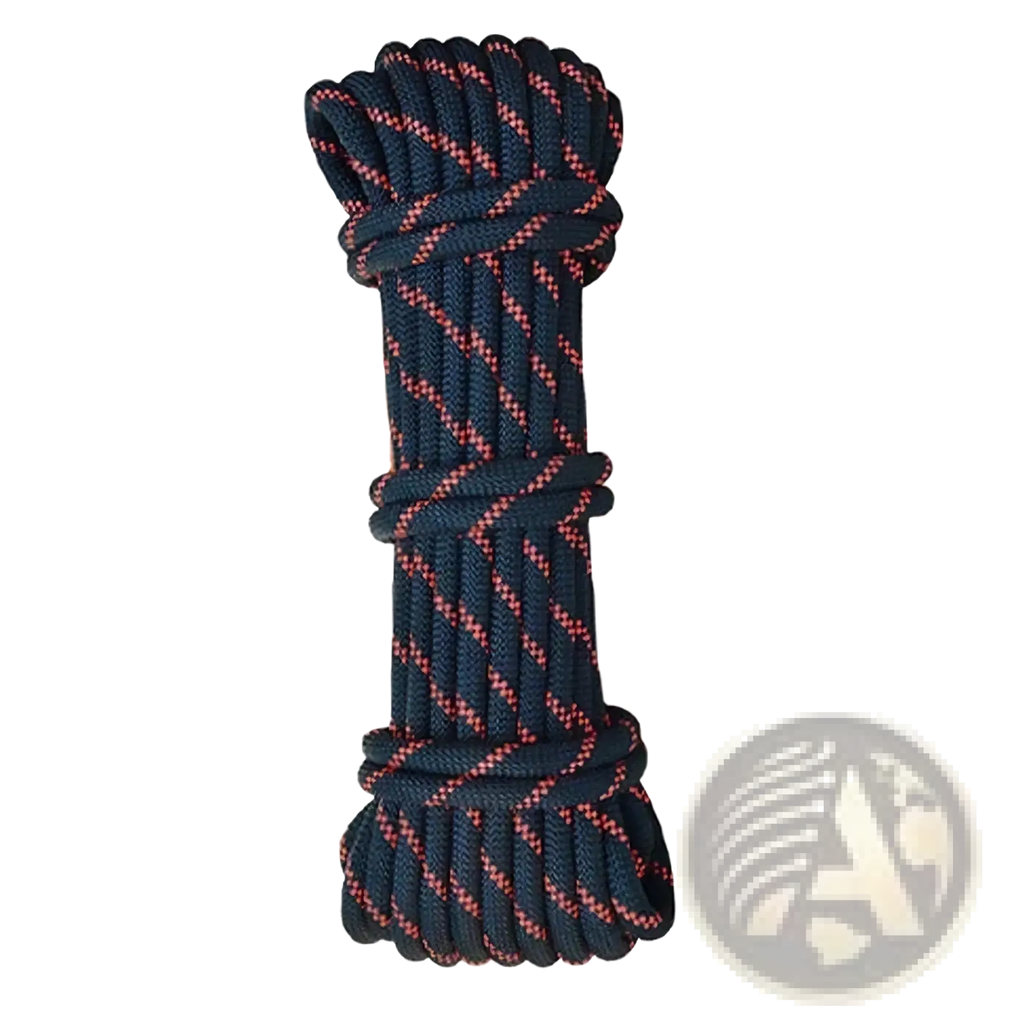 Auto rope descender emergency escape device featuring a coiled dark blue synthetic fiber rope with red stripes