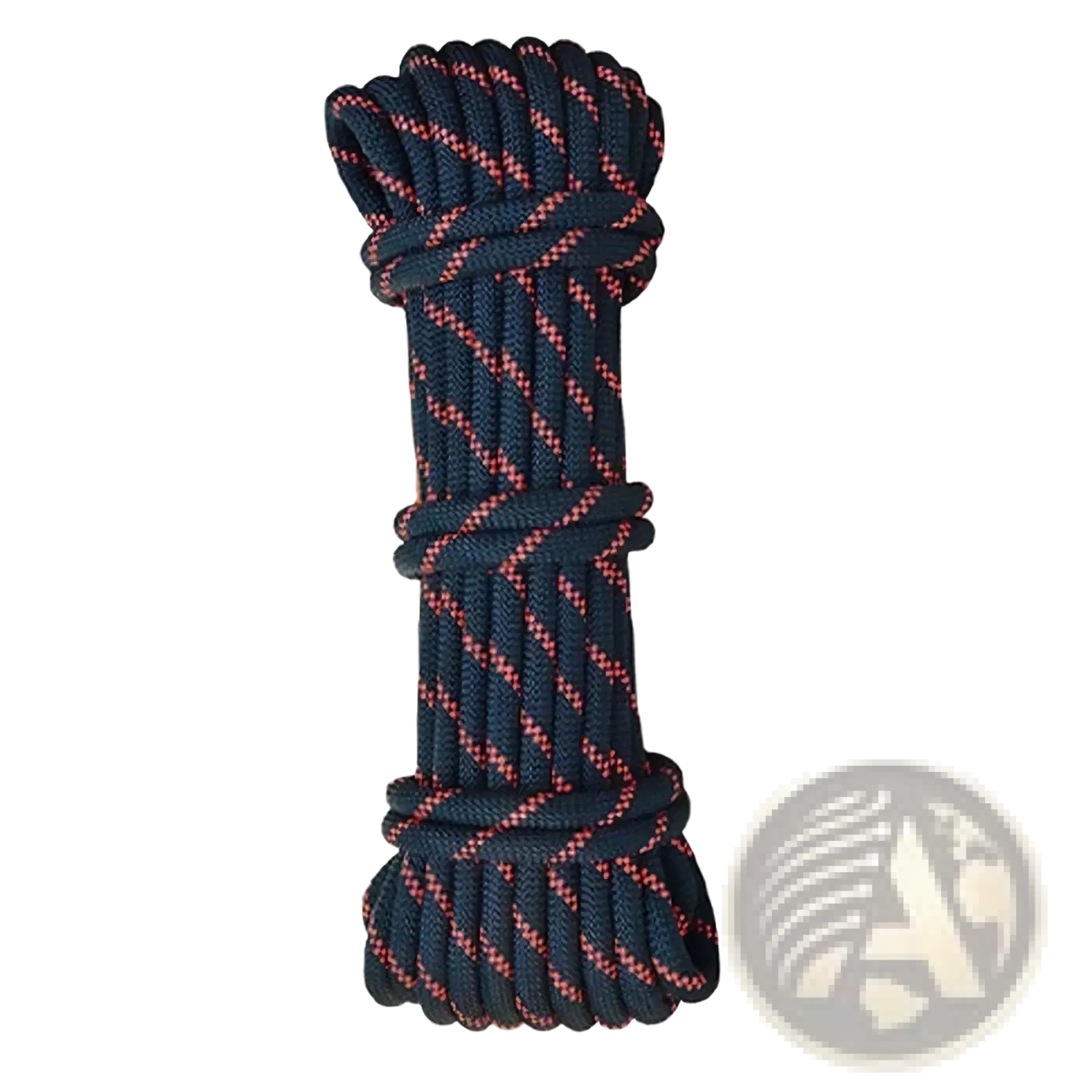 Auto rope descender emergency escape device featuring a coiled dark blue synthetic fiber rope with red stripes