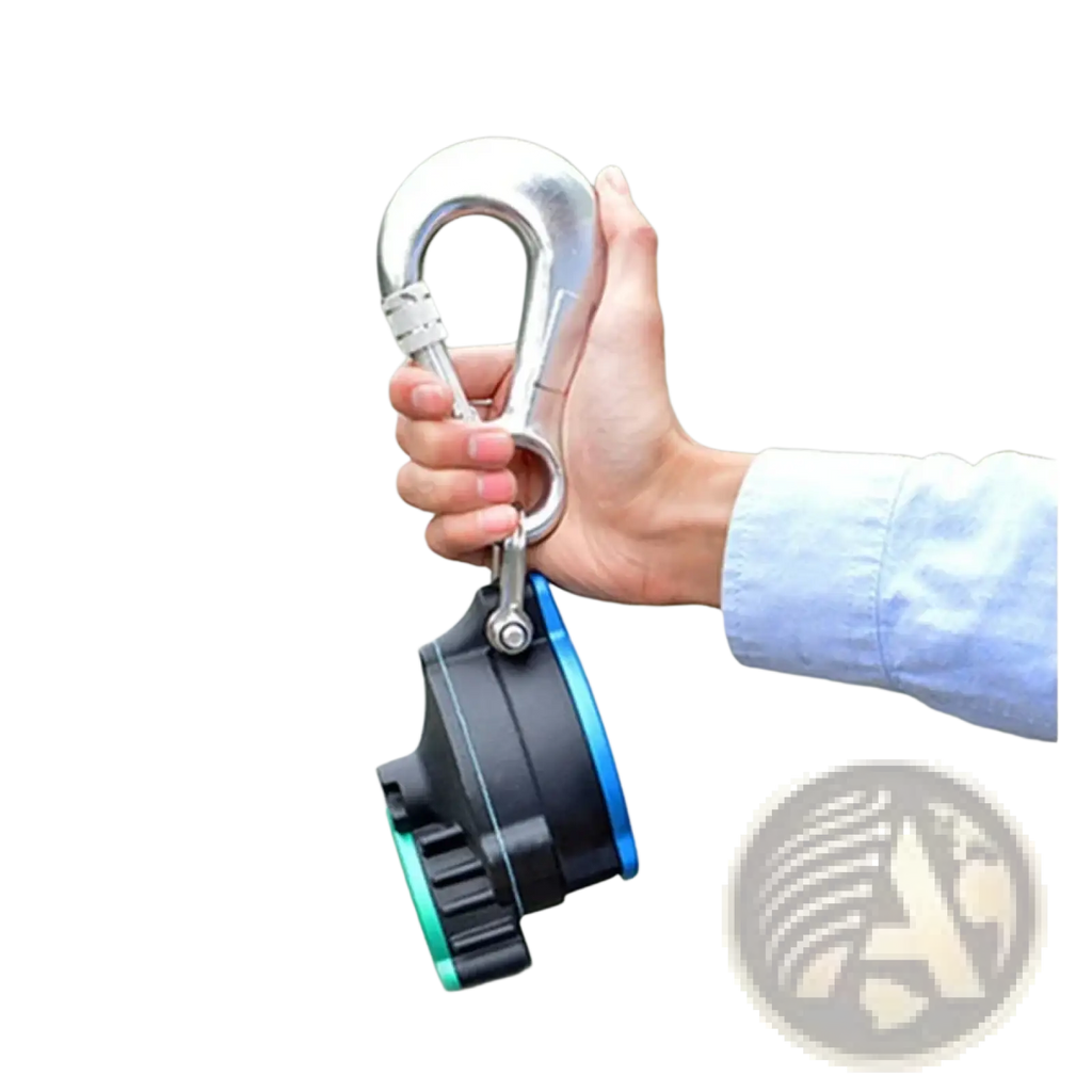A sleek black and blue auto rope descender emergency escape device with green accent attached to a silver carabiner