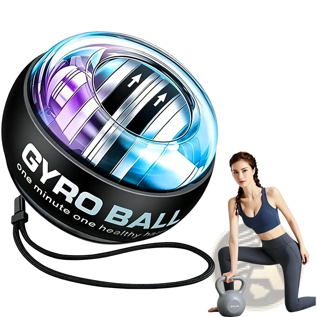 Auto-start gyroscopic wrist strengthener ball in black and blue with a glowing translucent sphere design