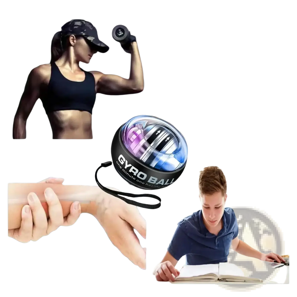 Auto-start gyroscopic wrist strengthener ball in black and blue with wrist strap for fitness and stress relief