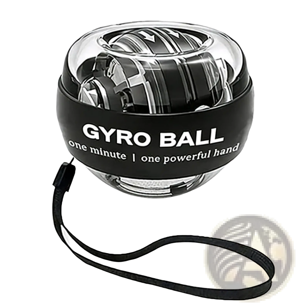 Auto-start gyroscopic wrist strengthener ball in black and transparent with wrist strap and gyro ball label on band