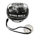 Auto-start gyroscopic wrist strengthener ball in black and transparent with wrist strap and gyro ball label on band