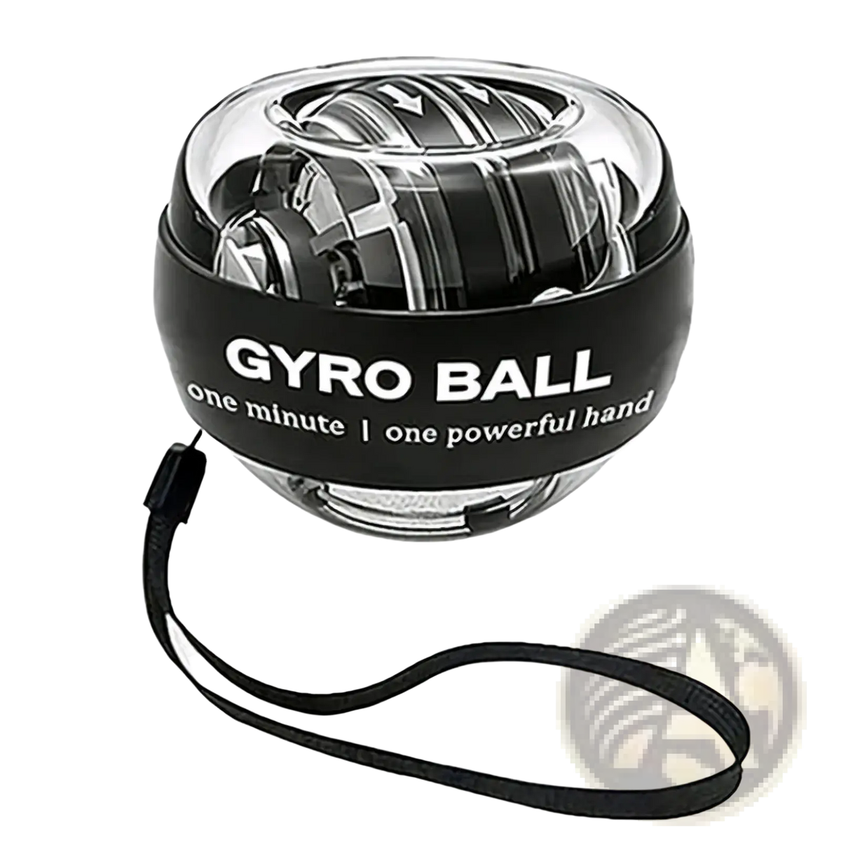 Auto-start gyroscopic wrist strengthener ball in black and transparent with wrist strap and gyro ball label on band