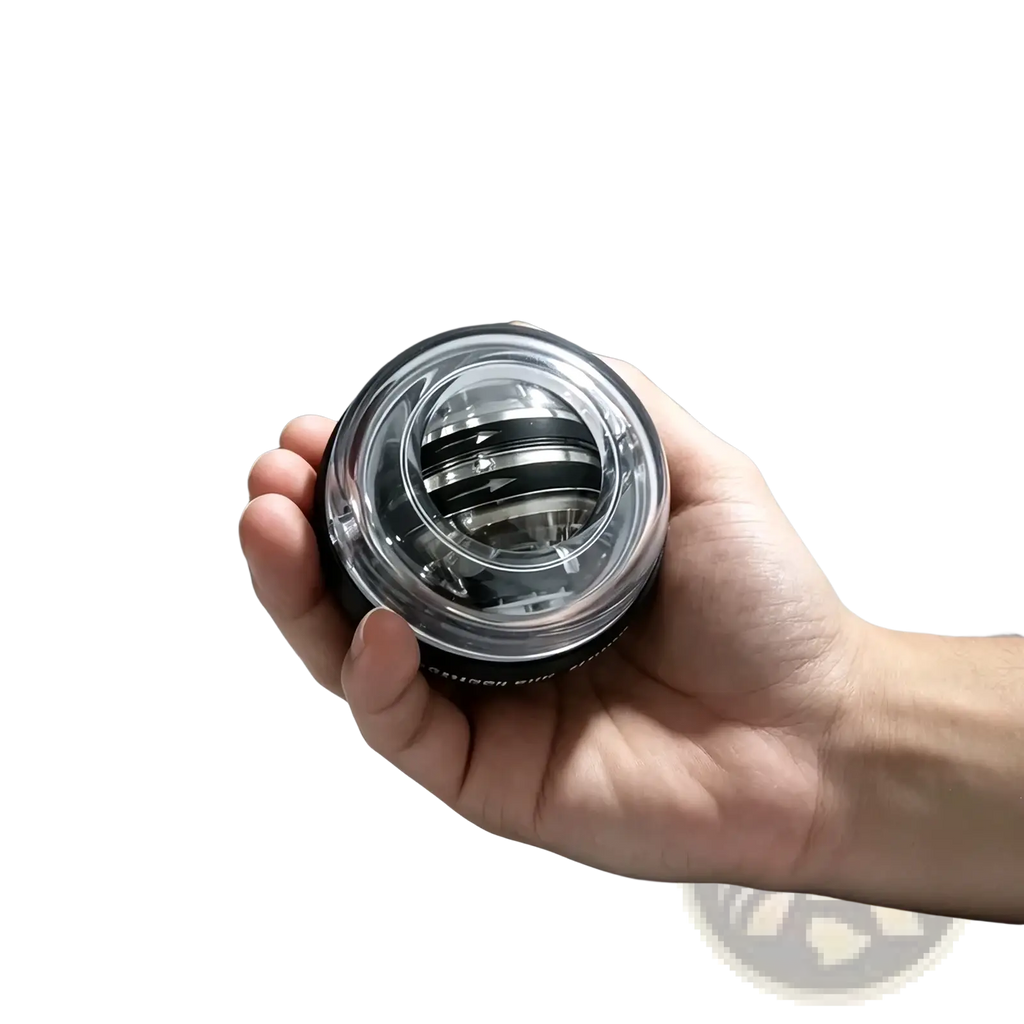 Auto start wrist gyro ball power exerciser in black and clear plastic with metallic inner components for strength training