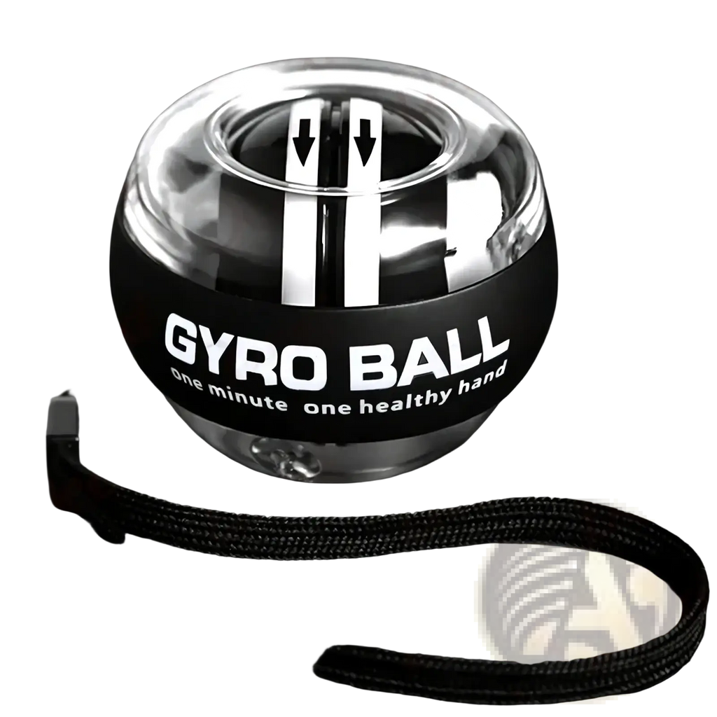 Black and silver deexi gyro ball power exerciser with glossy finish and white text on band for auto start wrist training