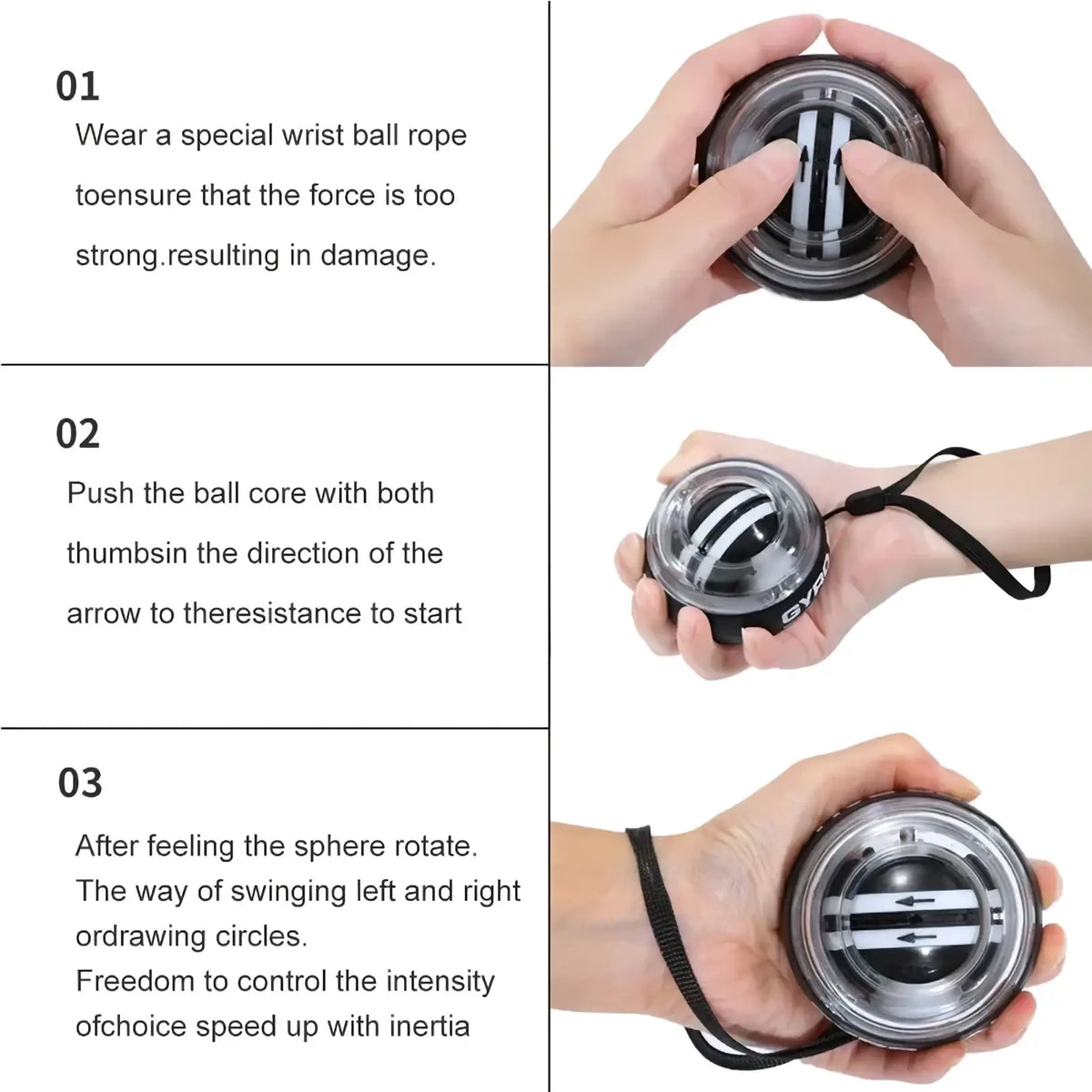 Auto start wrist gyro ball power exerciser with black and silver design and transparent core featuring white arrows