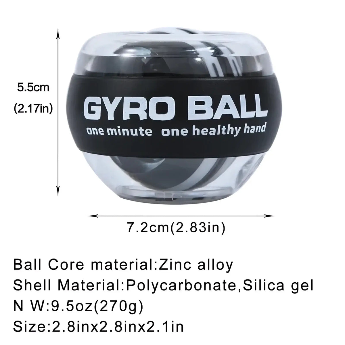 Auto start wrist gyro ball power exerciser in black and transparent with zinc alloy core and polycarbonate silica gel shell