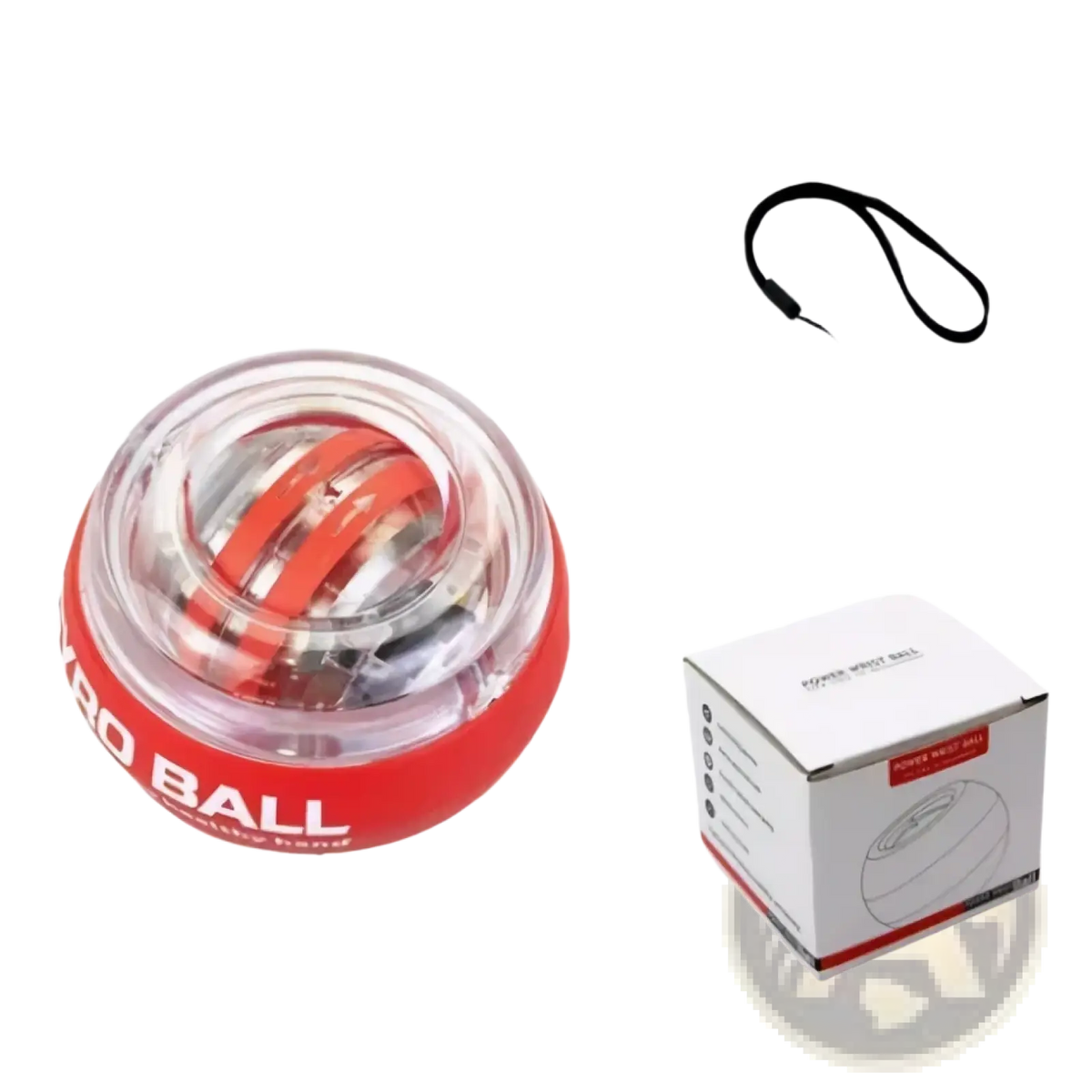 Red and clear plastic auto start wrist gyro ball power exerciser with glowing red light labeled gro ball