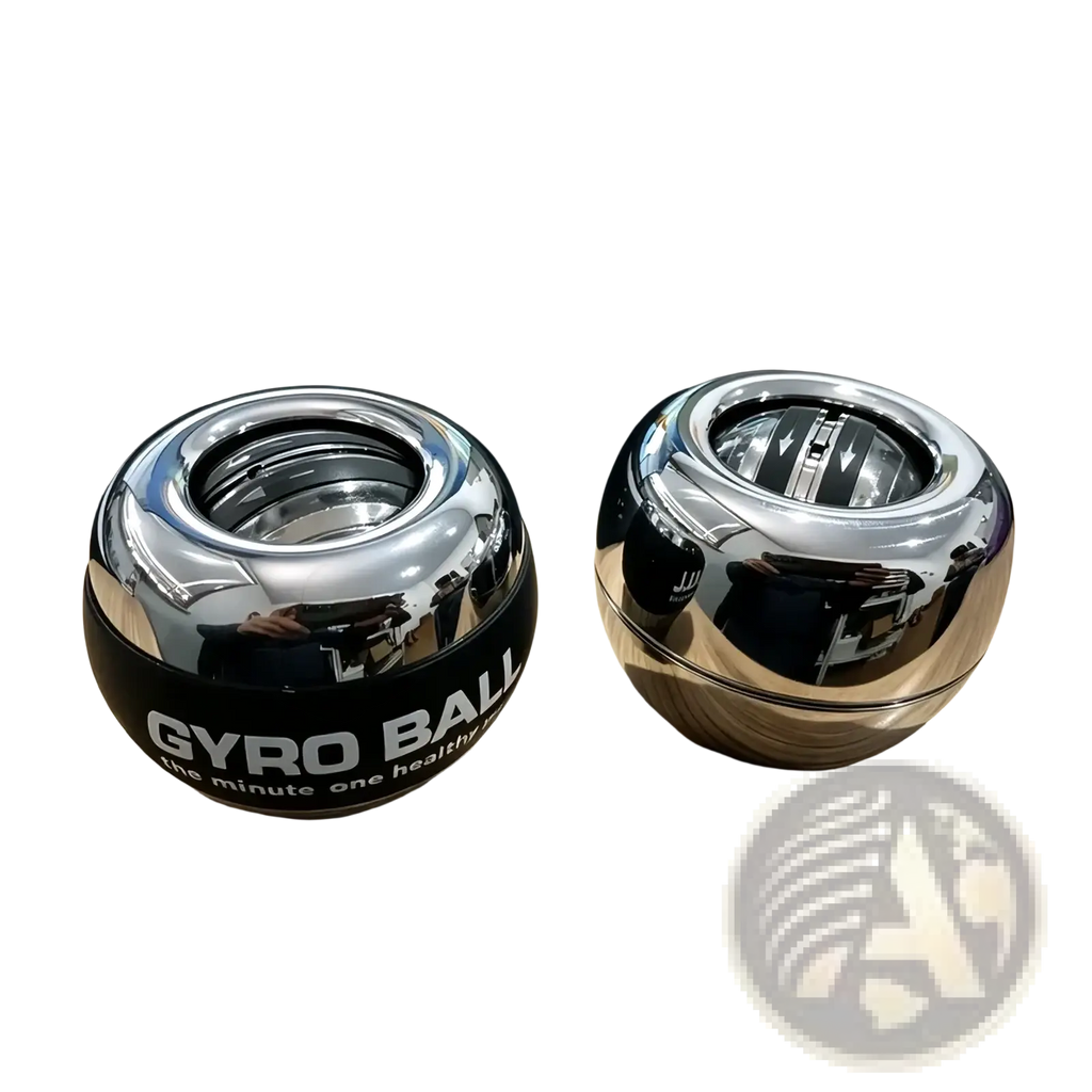 Shiny chrome-finished auto start wrist gyro ball power exercisers with black bases and white branding dual set display