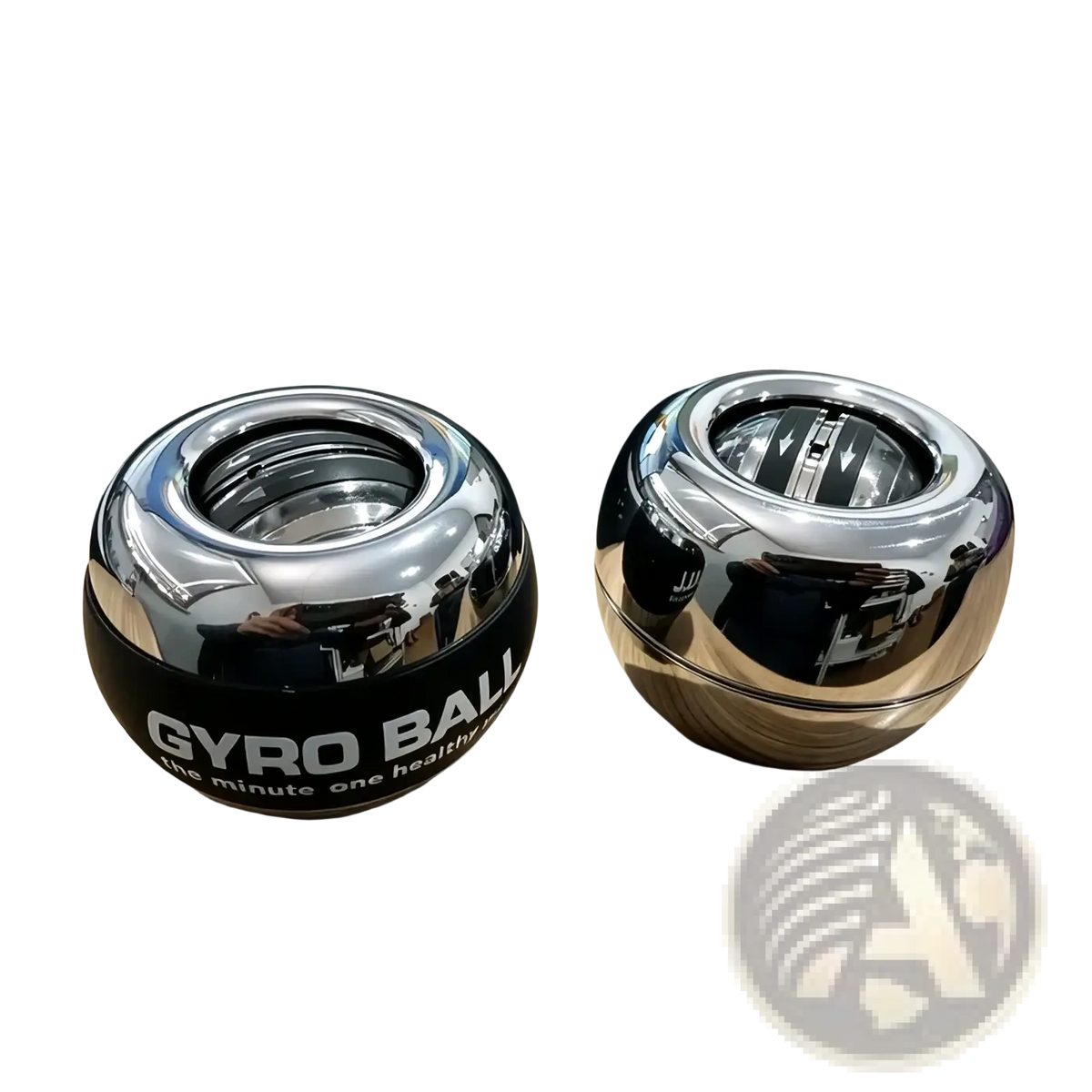 Shiny chrome-finished auto start wrist gyro ball power exercisers with black bases and white branding dual set display