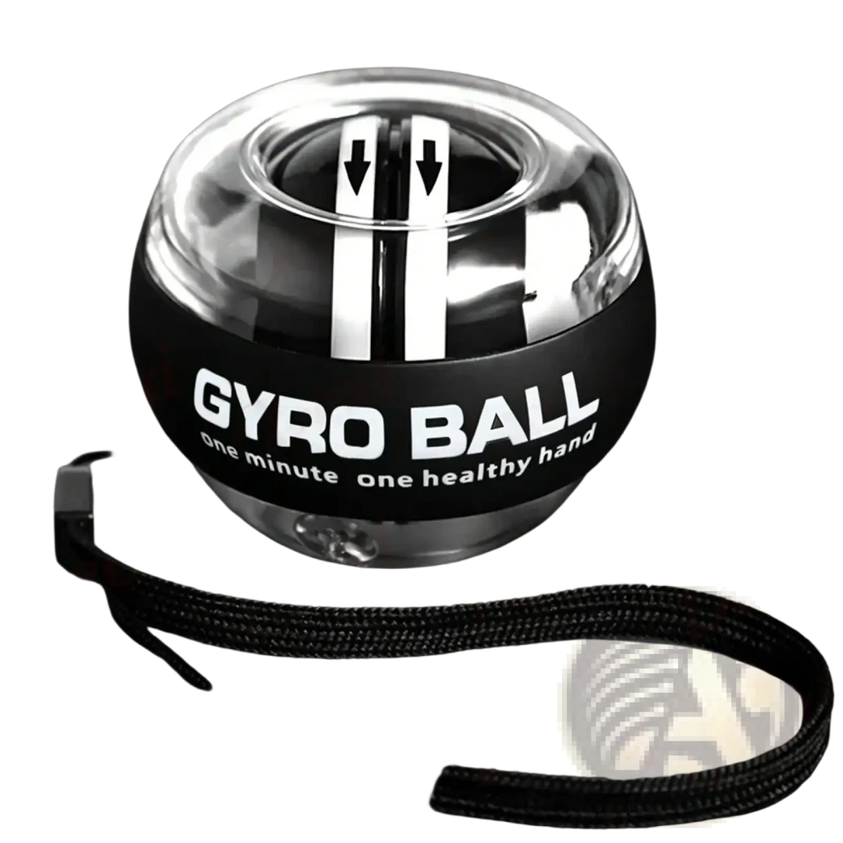 Auto start wrist gyro ball strength trainer in black and chrome with white text branding and sleek spherical design for hand strength training