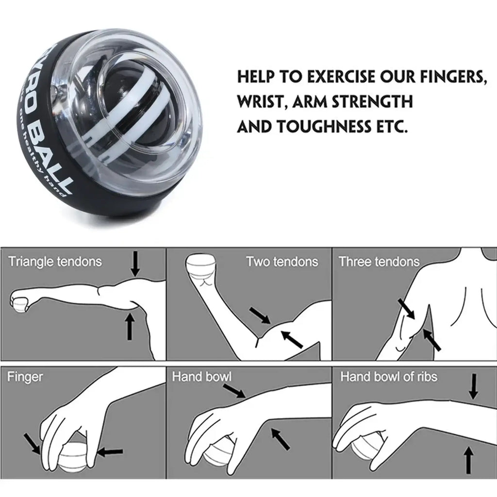 Black and clear plastic auto start wrist gyro ball strength trainer with white text labeling for finger strengthening