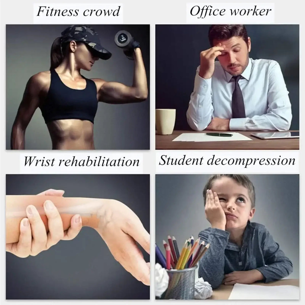 Auto start wrist gyro ball strength trainer showing four use cases fitness crowd office worker wrist rehabilitation student decompression