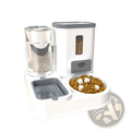 Automated pet feeder and water dispenser station in white and gray with transparent water bottle and anti-hair kibble bowl