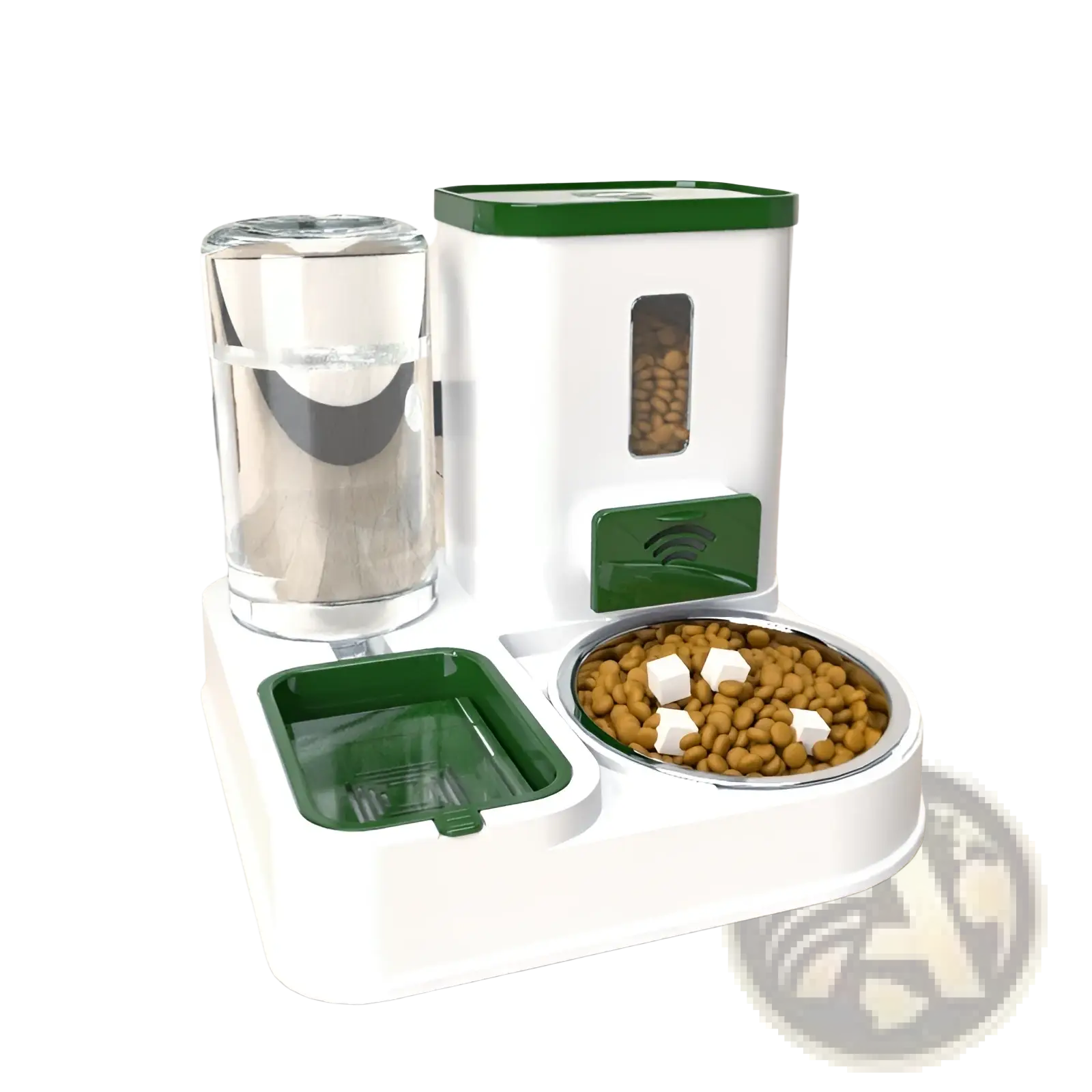 White and green automated pet feeder and water dispenser station with stainless steel bowl filled with kibble and integrated water bottle