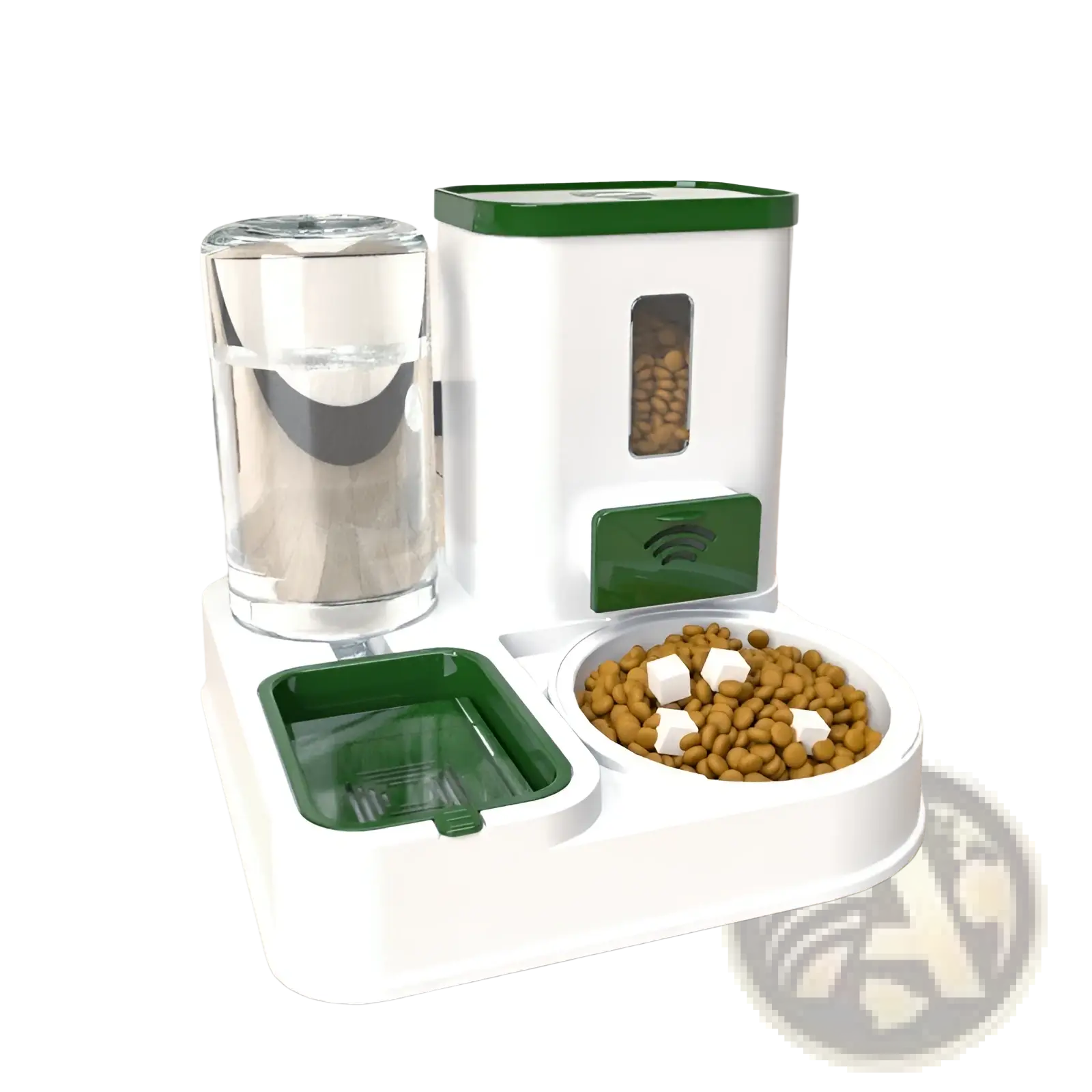 Automated pet feeder and water dispenser station in white and green with transparent bottle food dispenser and anti-hair bowl