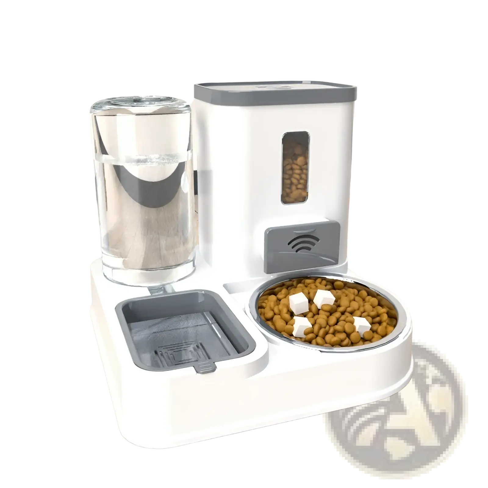 Automated pet feeder and water dispenser station with white gray plastic body, stainless steel bowl, and transparent water bottle