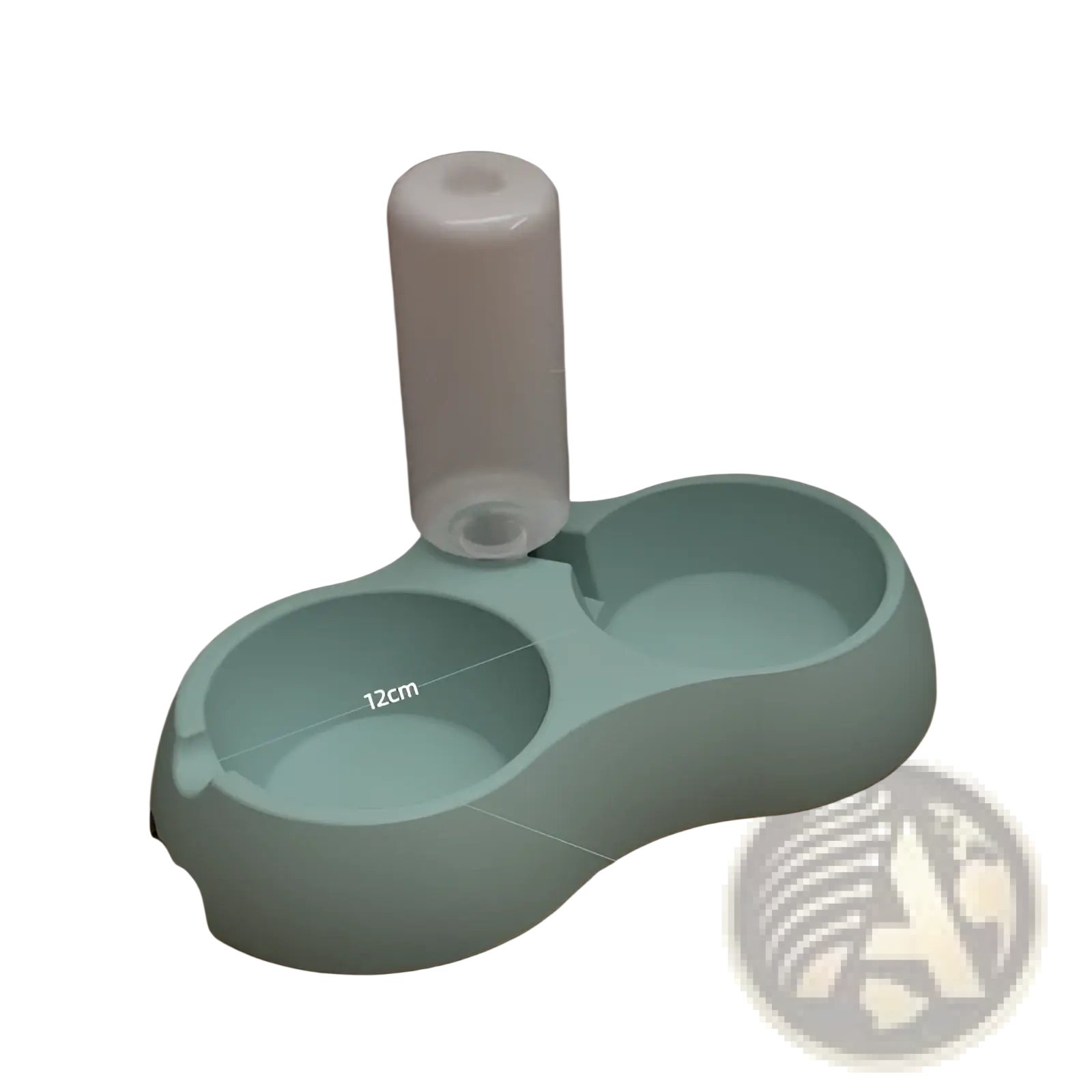 Light blue plastic automated pet feeder with two bowls and a transparent water bottle dispenser on top